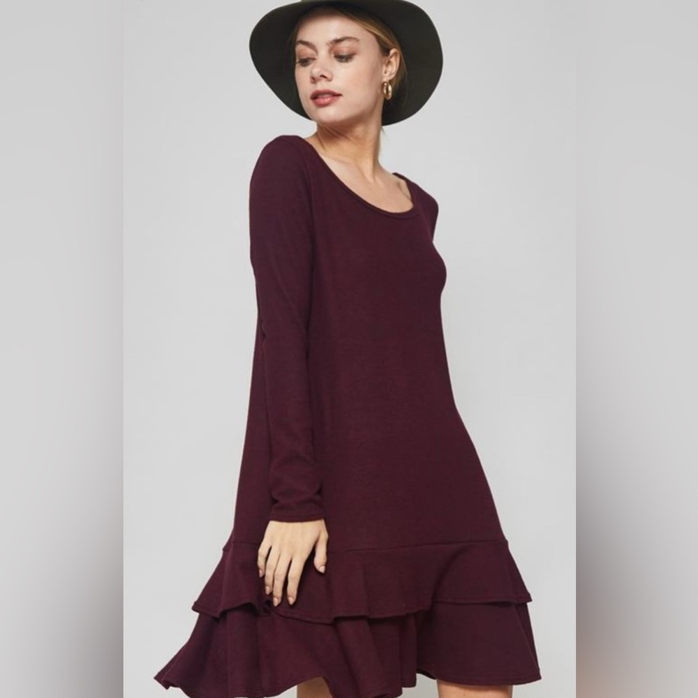 Burgundy Long Sleeve Ruffle Dress